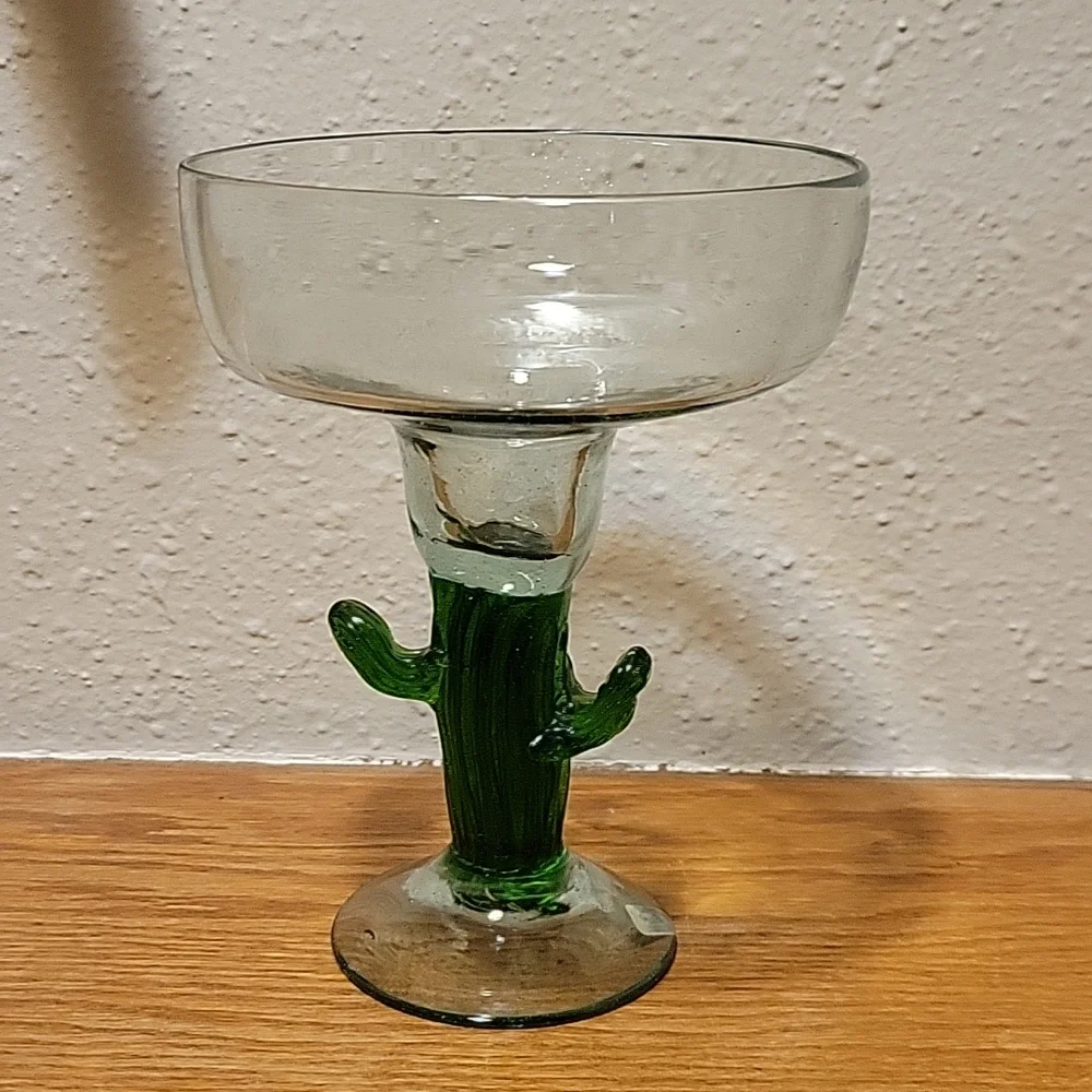 1 Mexican Hand Blown Margarita Glass Desert Green Saguaro Cactus